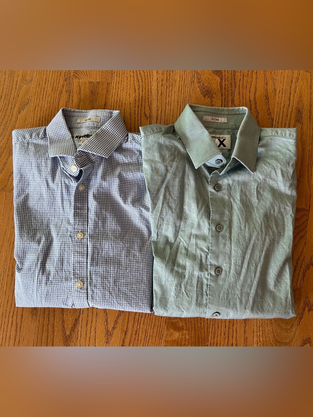 Pair (2 Shirts)  Express Button Down men's fitted shirt blue plaid & Green sz S